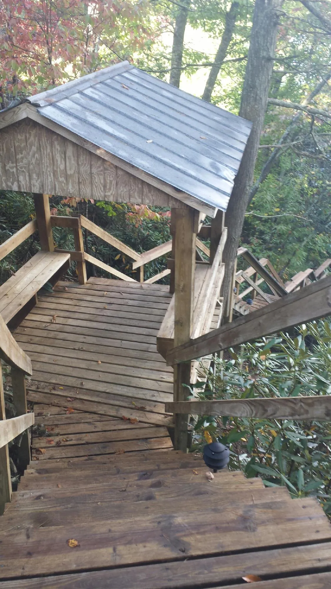 Metal roofed shelter over wooden steps on a wooded walkway — Skylight Repair & Installation work by our crew in Norborne